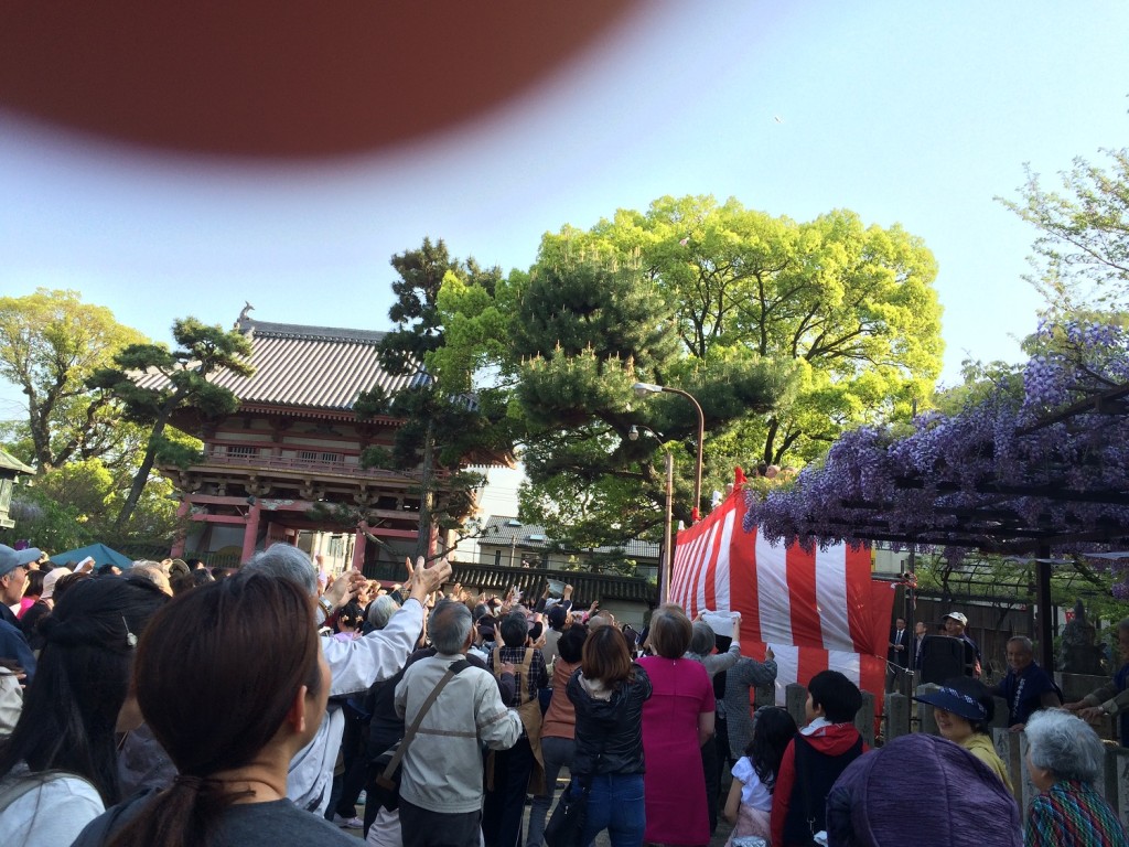 藤井寺の春季大法要餅撒きの風景